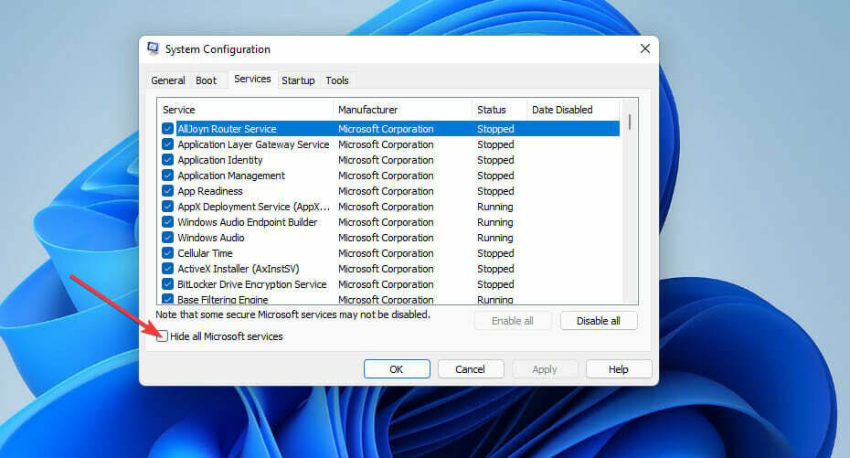 Το πλαίσιο ελέγχου Απόκρυψη όλων των υπηρεσιών της Microsoft για το horizon 4 που δεν λειτουργεί τα Windows 11