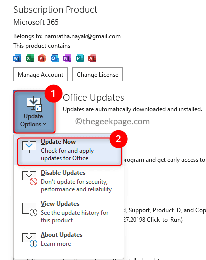 Možnosti aktualizácie účtu Office Aktualizovať teraz min