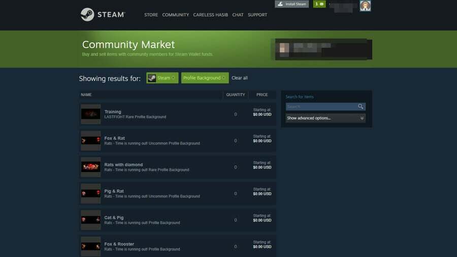 Mercato della community di Steam per gli sfondi dei profili
