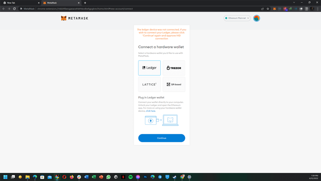 MetaMask ei loo ühendust Ledgeri ekraanipildiga Chrome Windows 11-s