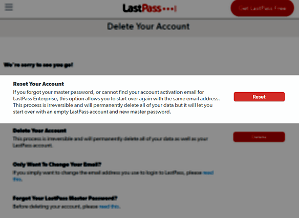 Ponastavite račun LastPass