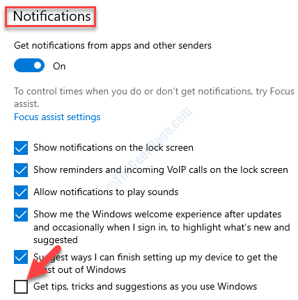 Configurações do sistema Notificações do lado direito Obtenha dicas, truques e sugestões à medida que você usa o Windows Desmarque