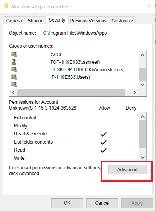 WindowsApp-mappeegenskaber gyldig profilfejl