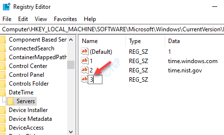 El editor del registro cambia el nombre del nuevo valor de cadena en función de los números del servidor de tiempo