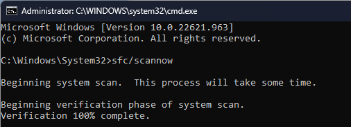 CMD sfc scan 100 diskbruk windows 11