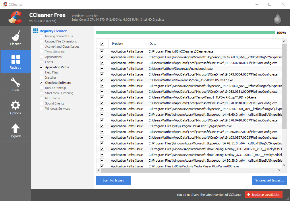 CCleanerin Rekisteri-välilehti kuinka korjata virhe 1713 Windows 10