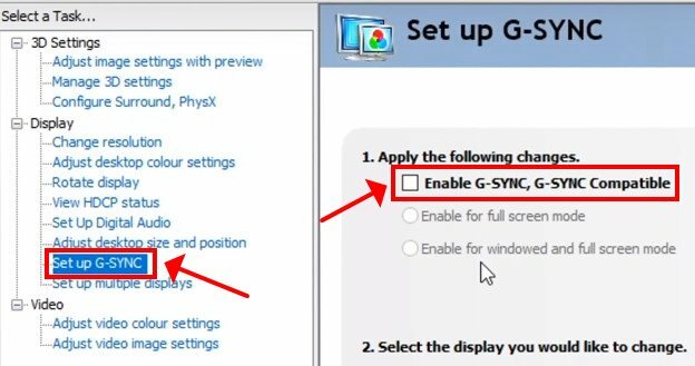Avmarkera Aktivera G-SYNC, G-SYNC-kompatibel i NVIDIA-kontrollpanelen