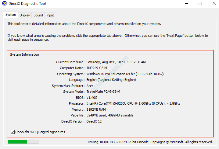 Informações do sistema Directx