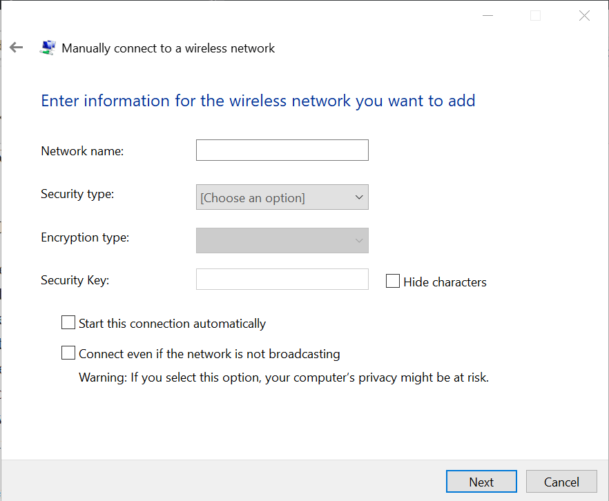 inserisci le informazioni per la rete wireless Windows non riesce a trovare il certificato
