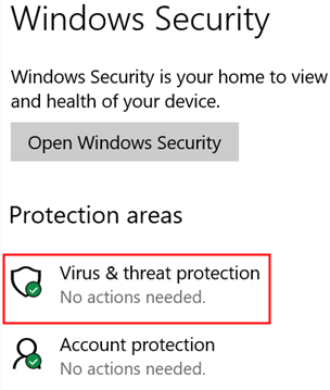 Segurança de janela contra vírus e proteção contra ameaças mín.