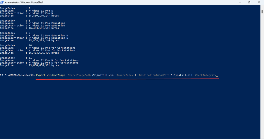 comandă powershell pentru a converti Windows 11 install.wim în install.esd
