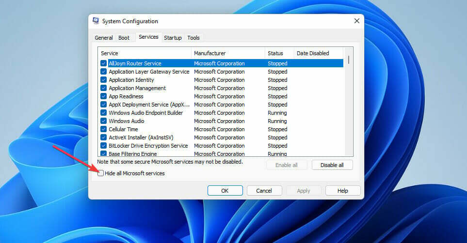 La casella di controllo Nascondi tutti i servizi Microsoft finestra forza orizzonte 5 Windows 11 si blocca