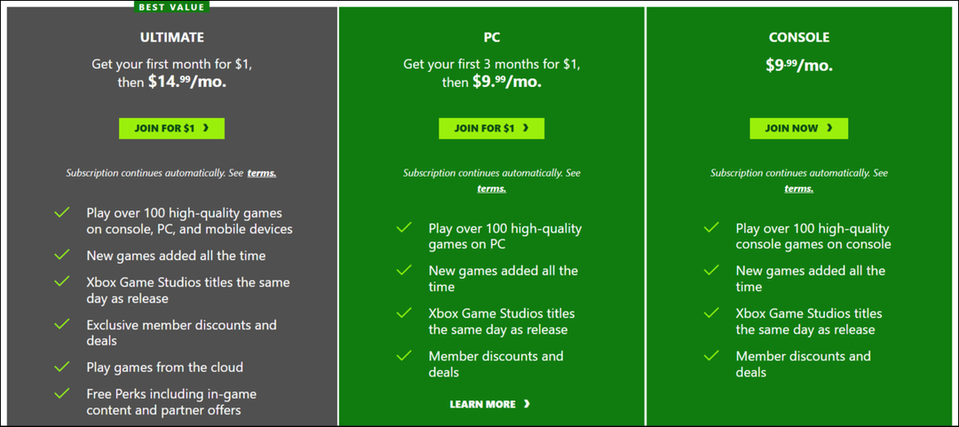 Xbox Game Passi tellimisplaanid