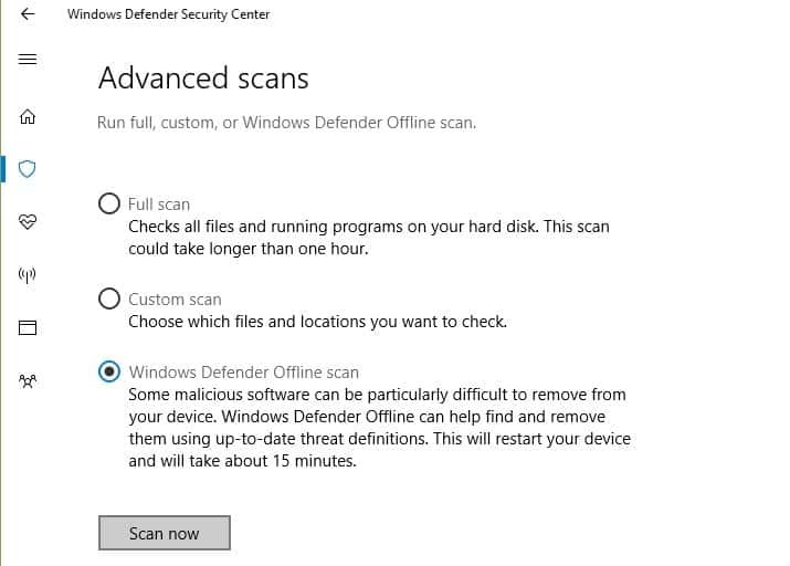 "Windows Defender" nuskaitymas neprisijungus