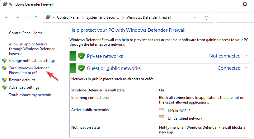 Ieslēdziet vai izslēdziet Windows Defender ugunsmūri
