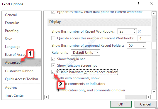 Opzioni di Excel Visualizzazione avanzata Disabilita controllo accelerazione grafica hardware Ok