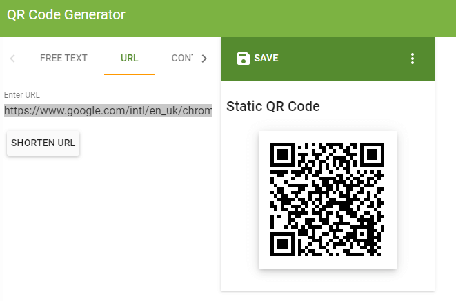 Stránka Generátor QR kódu umožňuje generátor kódu google chrome qr