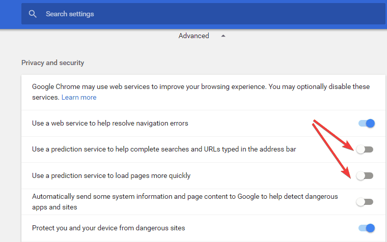 απενεργοποιήστε την προγνωστική υπηρεσία google chrome