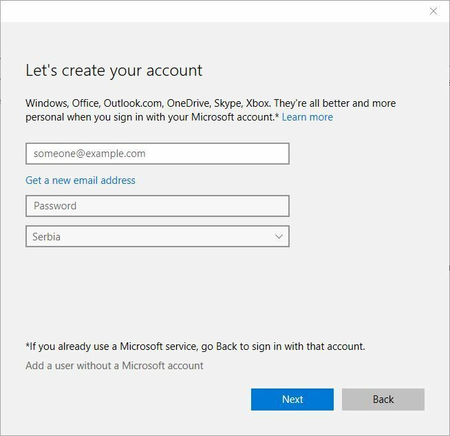 Klíč Windows zakázán, vytvořit místní účet