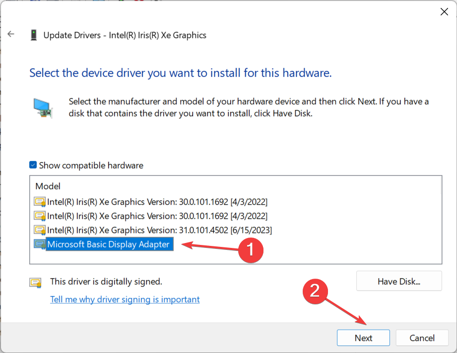 Базовий адаптер дисплея Microsoft для виправлення вашої системи має драйвер, який заблоковано відповідно до специфікацій виробника