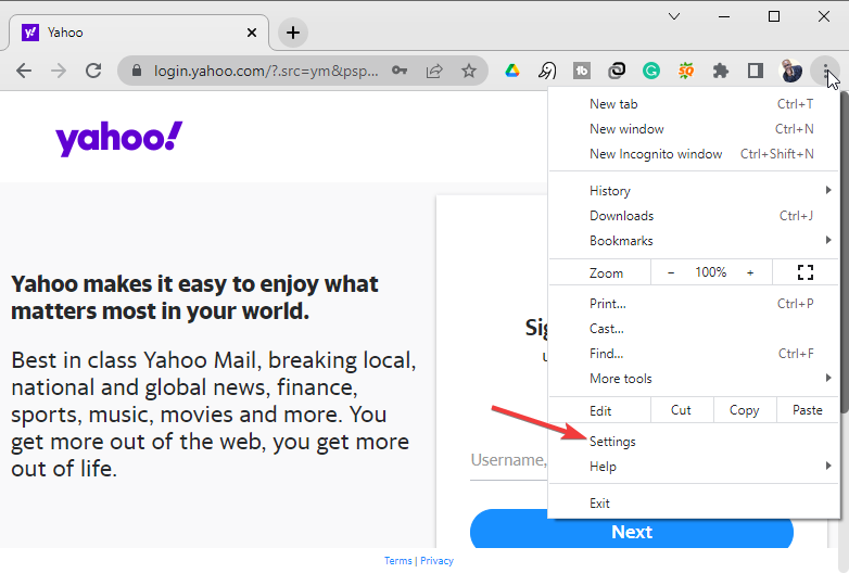 Налаштування - yahoo mail не працює в хромі