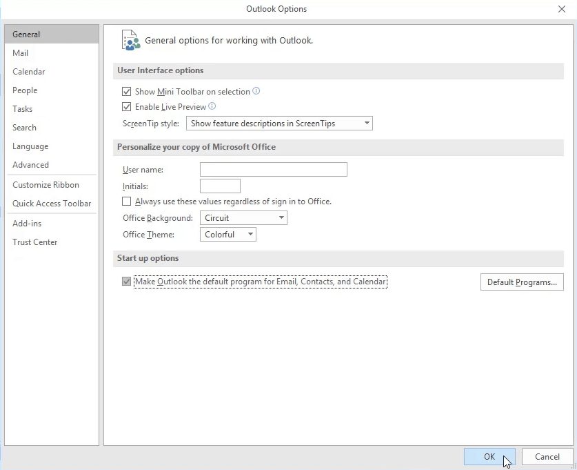 Прозорецът на Outlook Options избира от кой акаунт да изпратите имейла