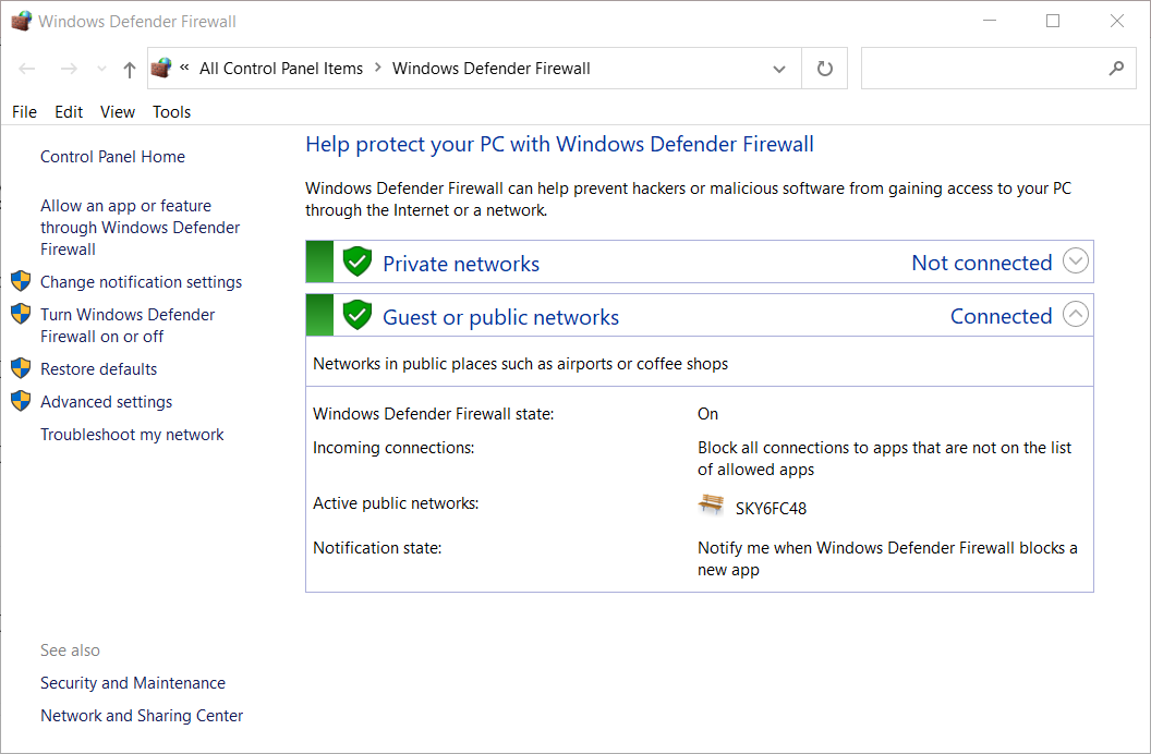 Applet Windows Defender Firewall omegle kameru nefunguje Windows 10