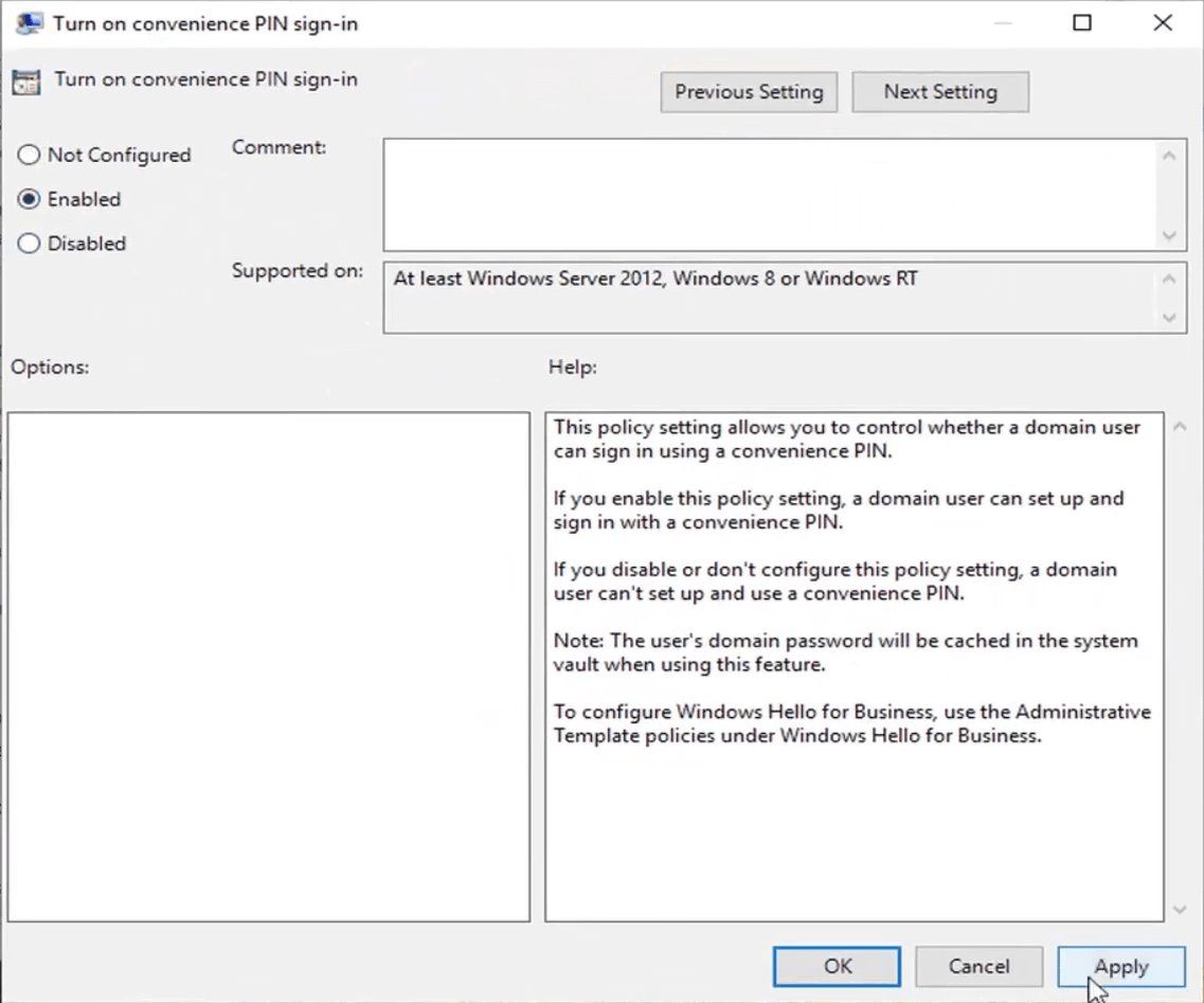 Kapcsolja be a kényelmi PIN-kóddal történő bejelentkezési házirendet 0x80090016 számú hiba a Windows 10 rendszeren