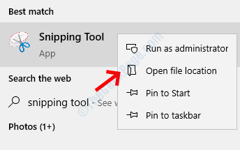 Eredmény Snipping Tool Kattintson a jobb gombbal a File Loation megnyitására