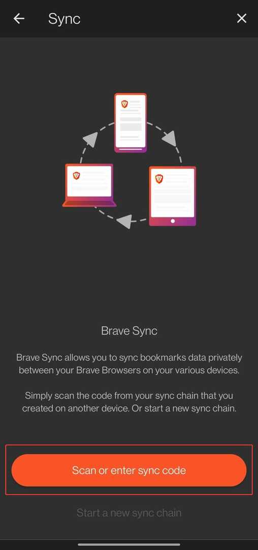 Tryk på synkronisering i Brave på mobil.