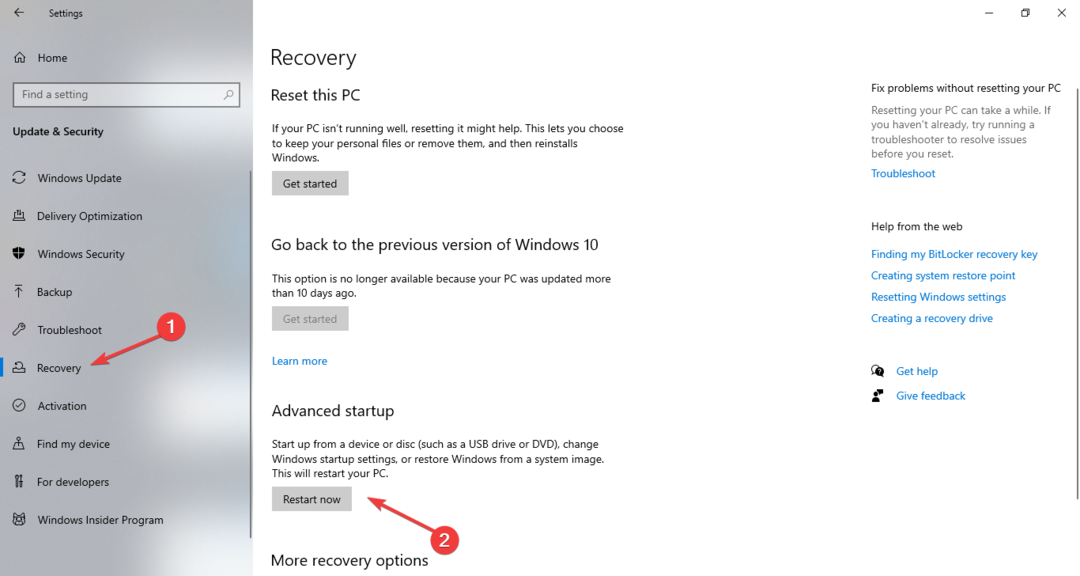 Kurtarma Gelişmiş başlangıç ​​- Windows 10 uyku modunu kapatın