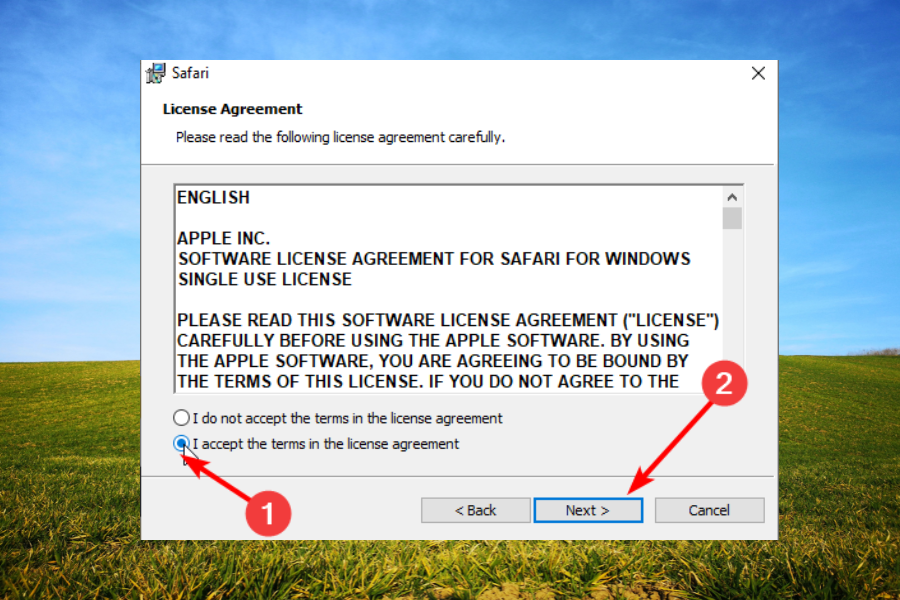 nõustuge Windows 7 jaoks mõeldud safari allalaadimise tingimustega
