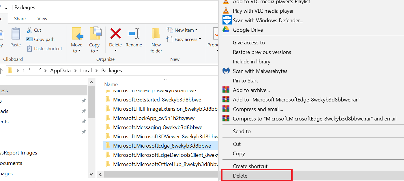 Excluir pacote Microsoft Edge