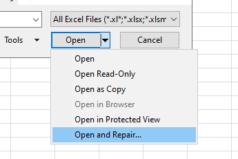 Buka dan Perbaiki opsi format file excel tidak cocok dengan ekstensi