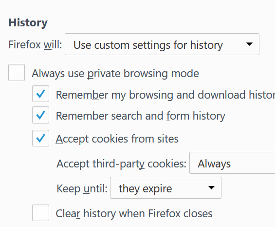 Benutzerdefinierter Einstellungsverlauf Firefox