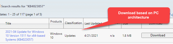 „Microsoft Update“ katalogo paieškos rezultatų puslapio atsisiuntimas, pagrįstas kompiuterio architektūra