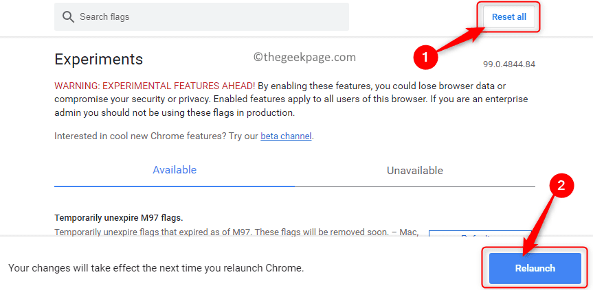 Chrome Flags Experimentella inställningar Återställ alla Omstart Min