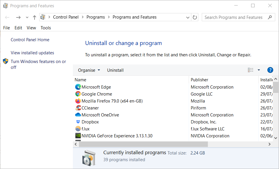 A Programok és szolgáltatások ablak újratelepíti az audió illesztőprogramot a Windows 10 -> E, affiliate