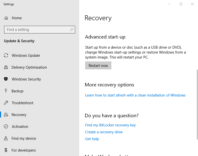 Gumb Restart now kako ući u Windows 10 način oporavka