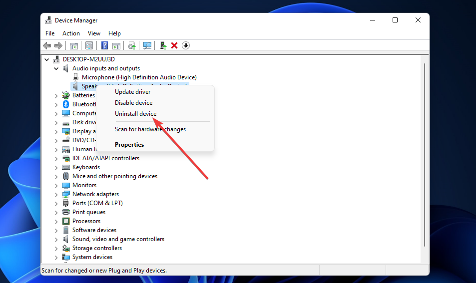Деинсталиране на опция за устройство Windows 11 няма звук