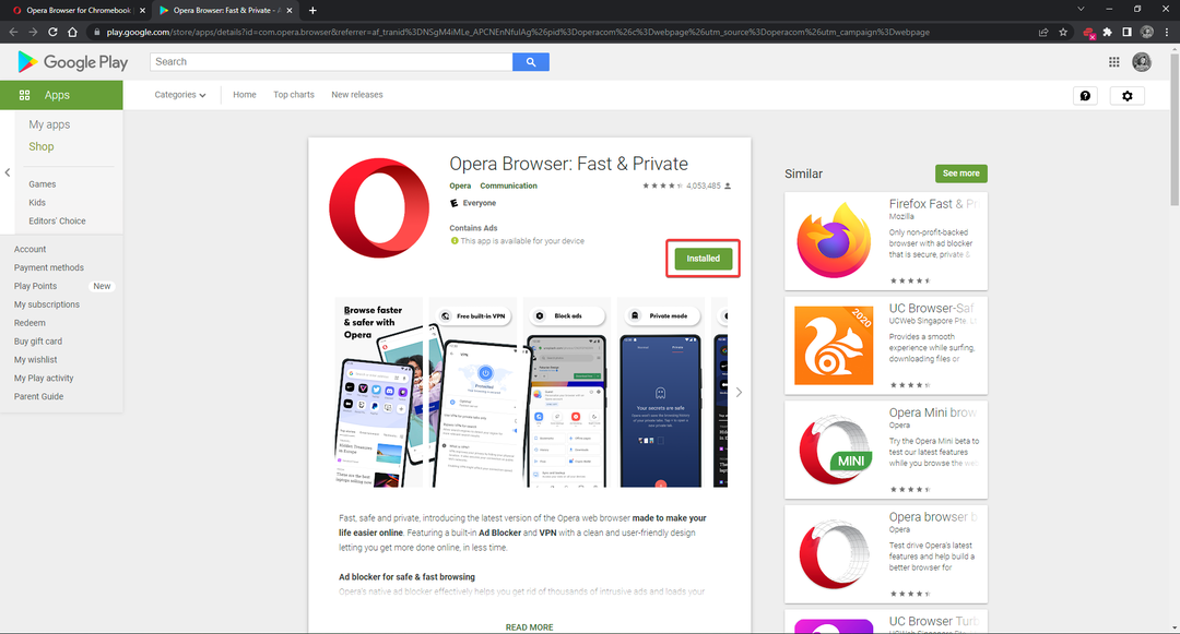 ติดตั้ง Opera บน Google Play