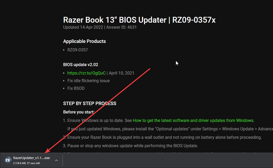 Napsauta Razer BIOS -ohjelmistoa
