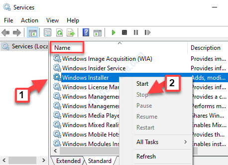 اسم الخدمات Windows Installer انقر بزر الماوس الأيمن فوق إيقاف