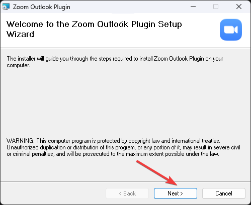 Klicken Sie auf WEITER Setup Zoom Outlook-Plugin funktioniert nicht