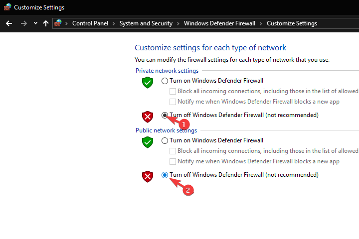 вимкнути брандмауер Windows Defender Помилка підключення відмови у перегляді
