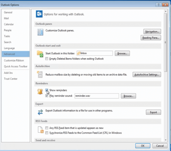Outlook-Optionen-Fenster zum Herunterladen von Outlook-Erinnerungstönen