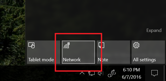 ağ hızlı eylem simgesi windows 10