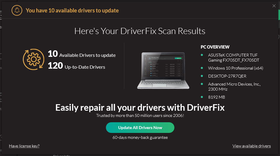 DriverFix-päivittäjän tulokset