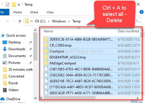 Speicherort der temporären Dateien Strg + A Alles auswählen Löschen