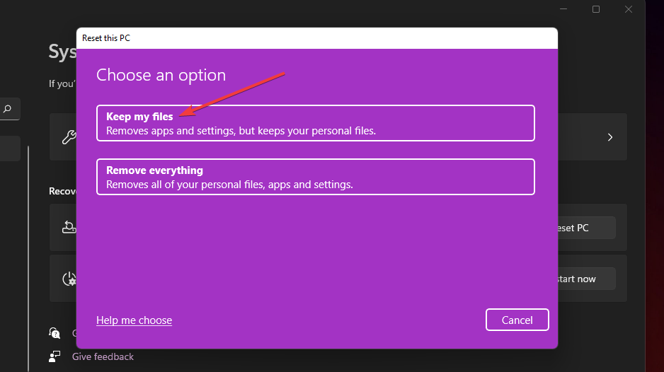 Przycisk Zachowaj moje pliki Windows 11 zawiesza się